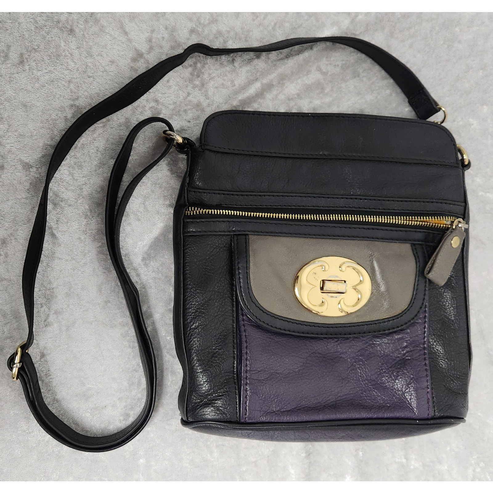 Emma Fox Black, Purple & Grey Leather Crossbody Handbag With Gold Hardware